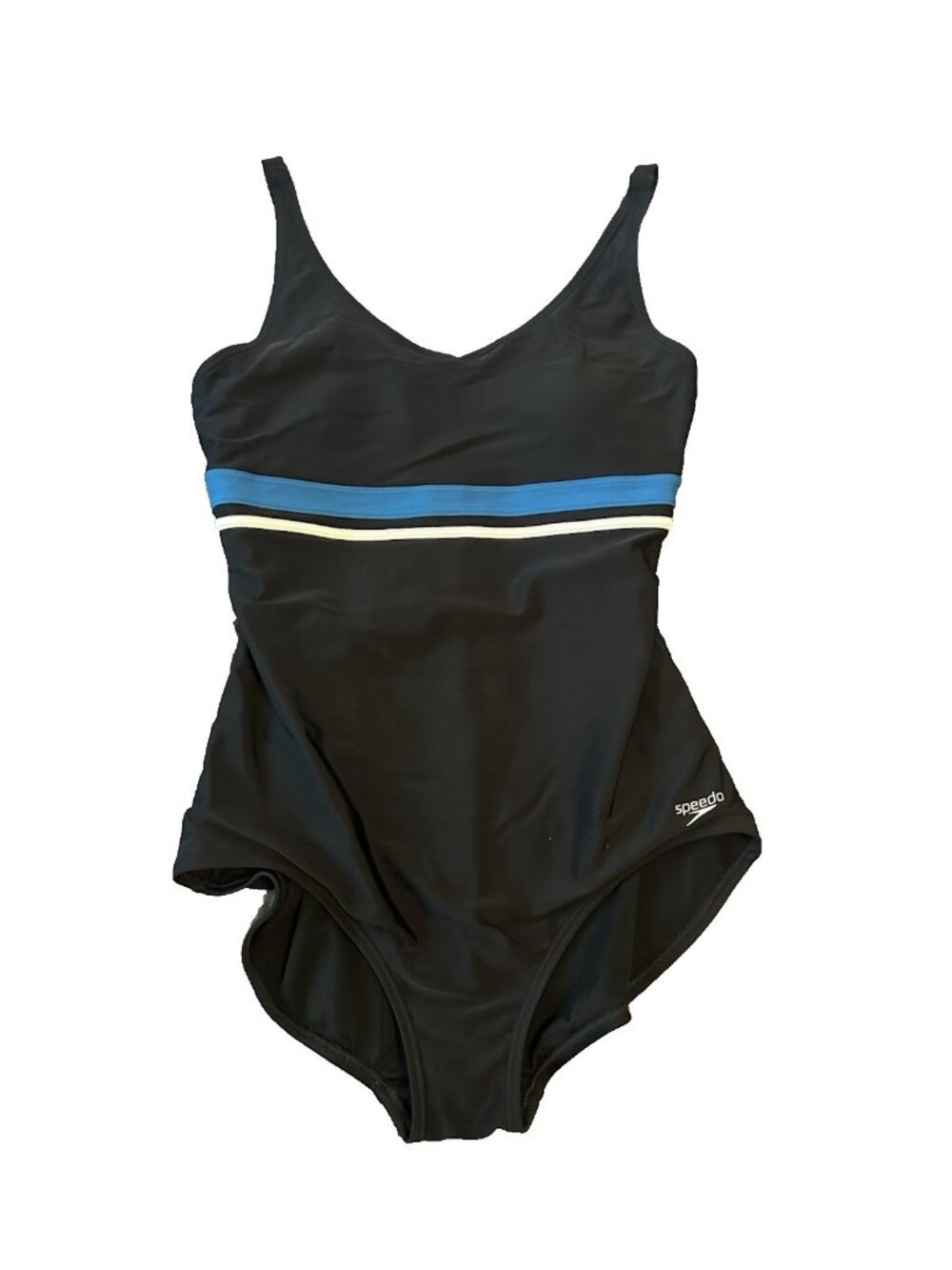 Speedo Womens One Piece Swimsuit L Black Blue White Stripe Padded Athletic Beach